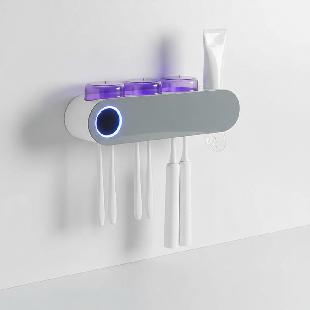 White wall-mounted UV sanitizer for toothbrushes, a home essential for a cleaner bathroom.