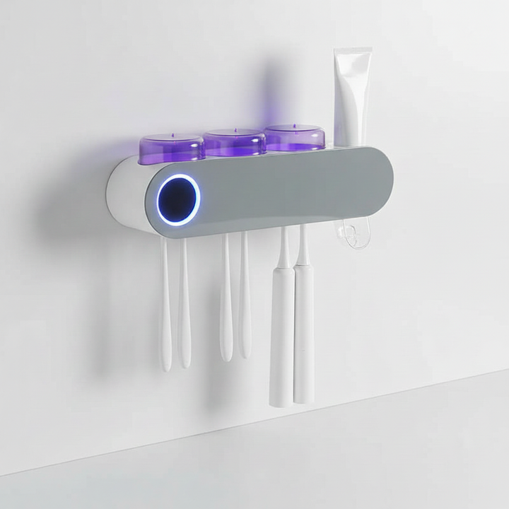 White wall-mounted UV sanitizer for toothbrushes, a home essential for a cleaner bathroom.