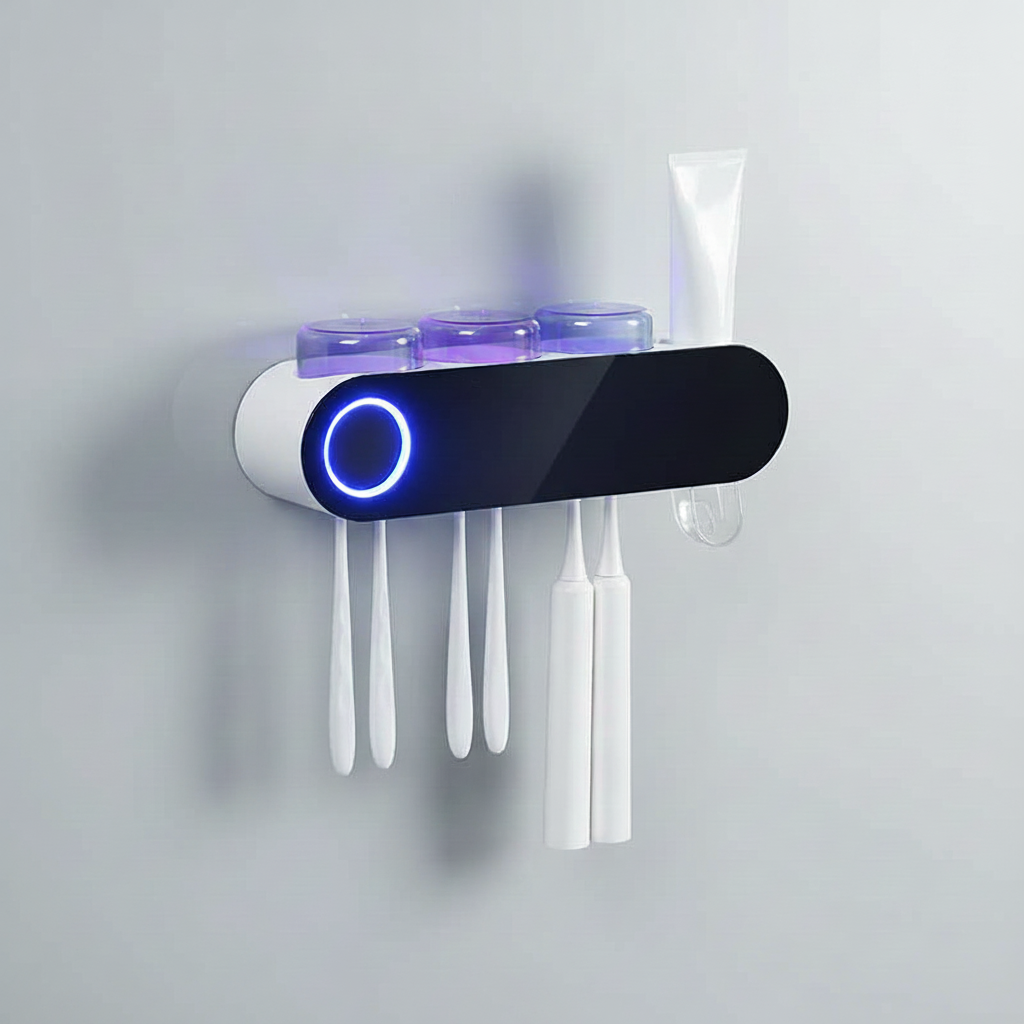 Touchless UV toothbrush cleaner and organizer, fits multiple brushes, ideal for families, wall-mounted.