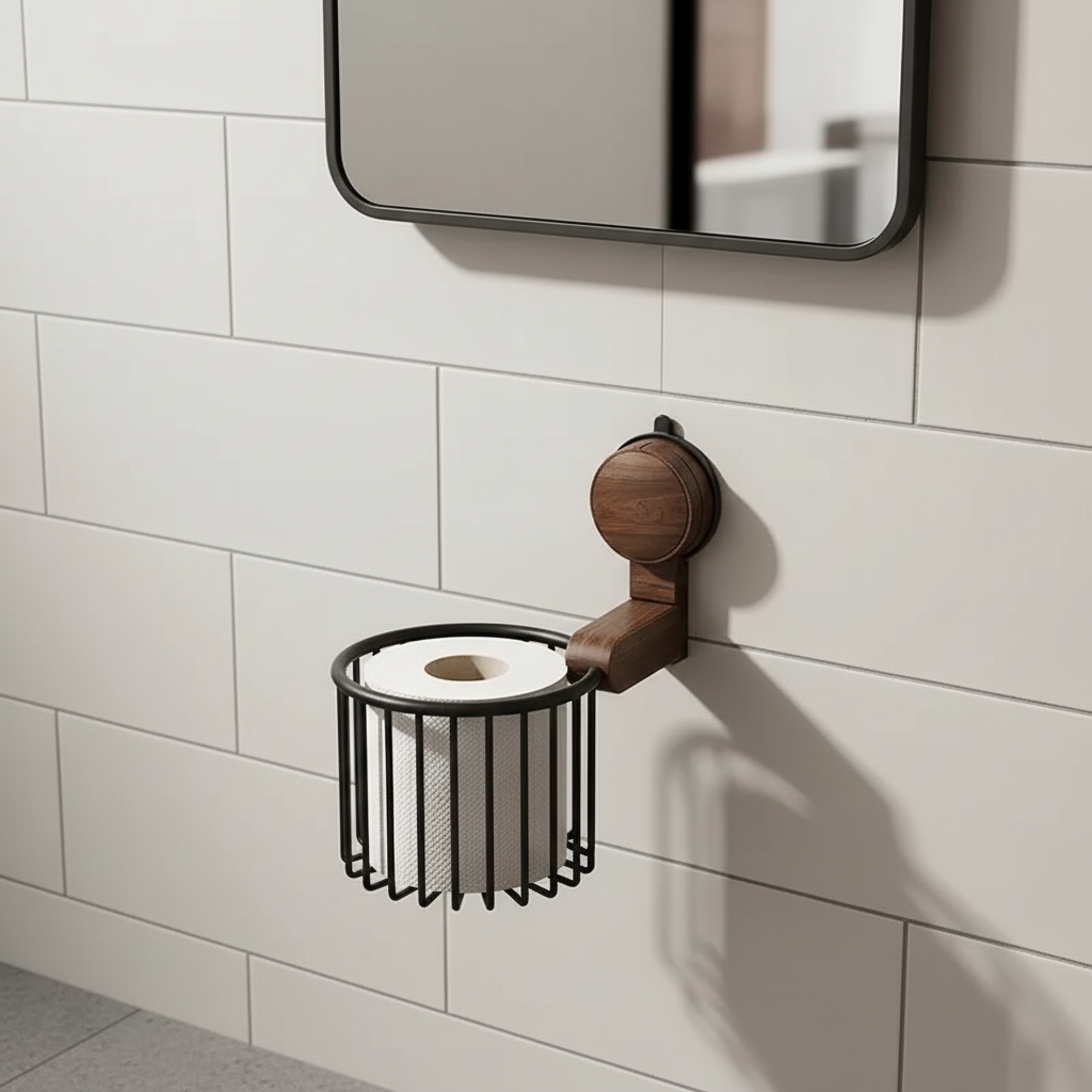 Wall-mounted walnut toilet paper holder for modern bathrooms, drill-free installation, space-saving design