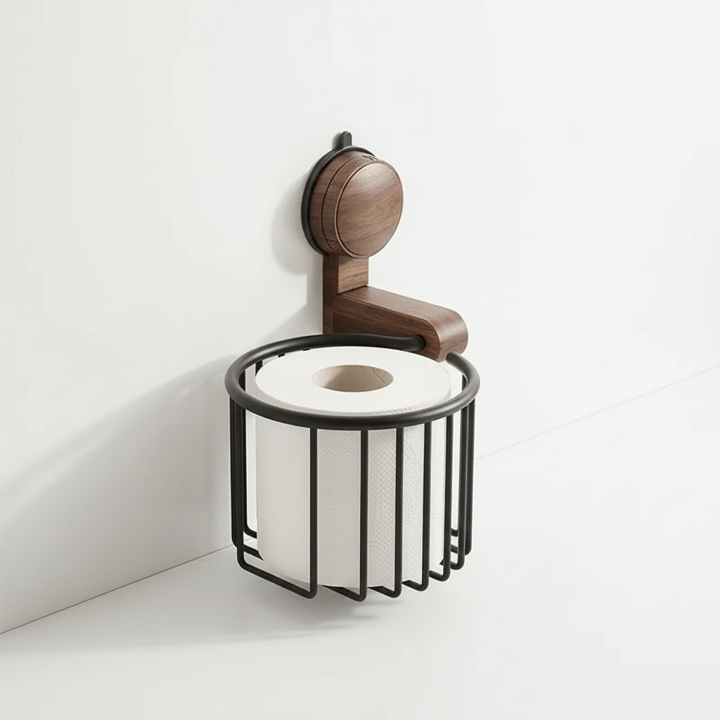 Stylish walnut wood toilet paper holder, wall-mounted, perfect for compact bathroom organization & decor