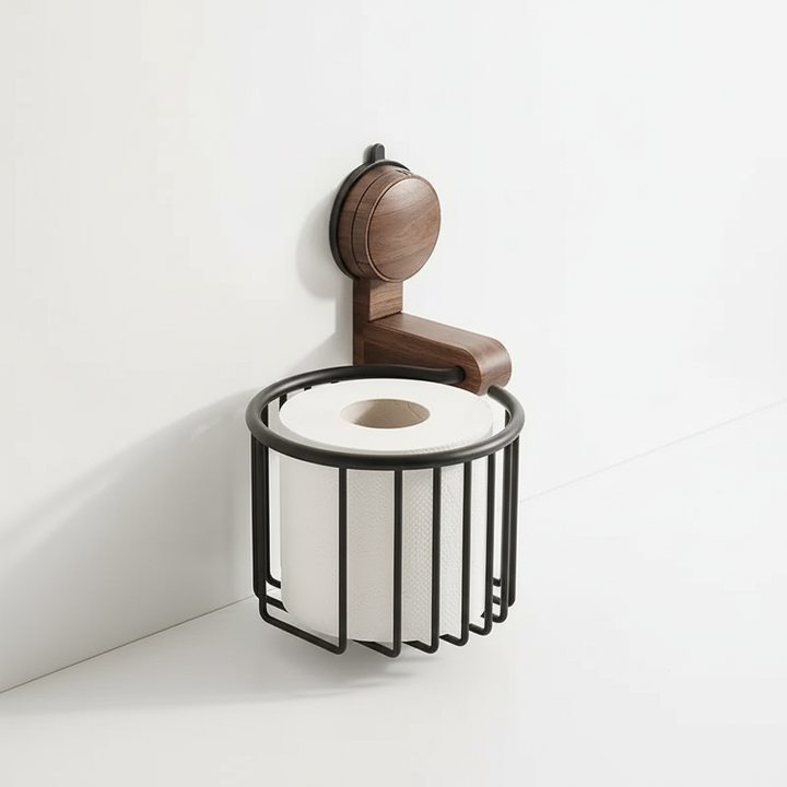 Stylish walnut wood toilet paper holder, wall-mounted, perfect for compact bathroom organization & decor