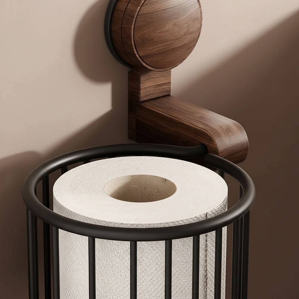 Drill-free wall-mounted toilet paper holder in rich walnut finish, ideal for contemporary bathrooms
