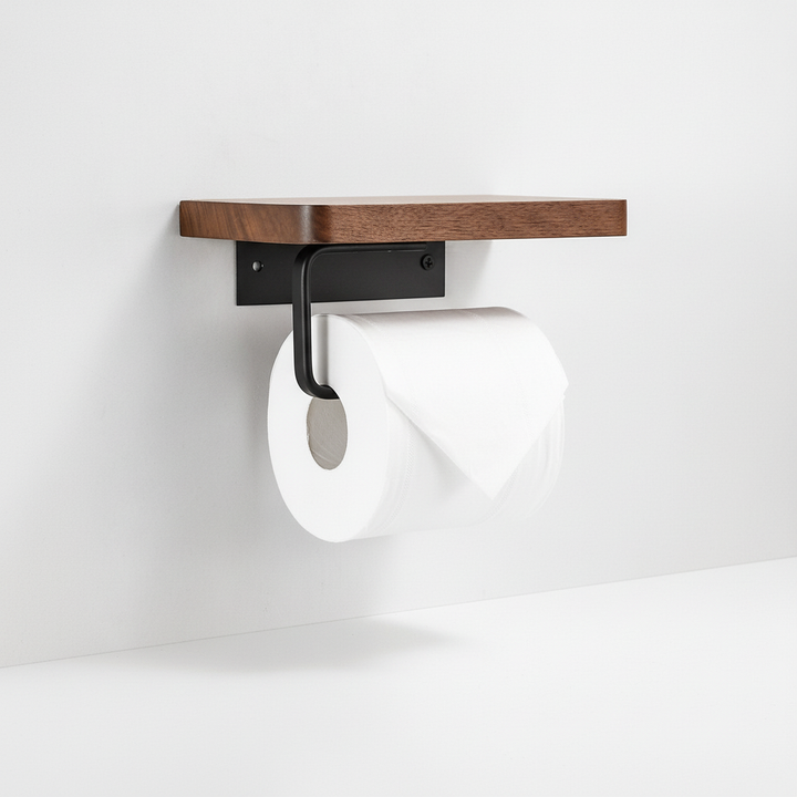 Space-saving wooden toilet paper roll holder with an integrated shelf, perfect for small bathrooms.