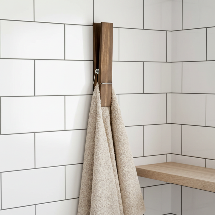 Wall-mounted wooden towel clip, minimalist bathroom organization, space-saving design