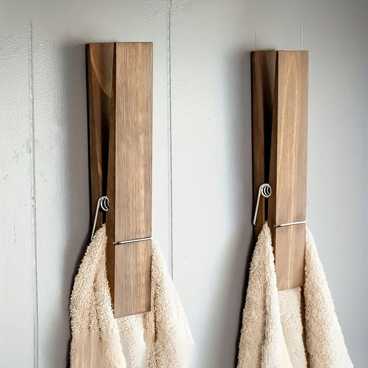 Eco-friendly wooden towel clip, stylish minimalist design, saves counter space