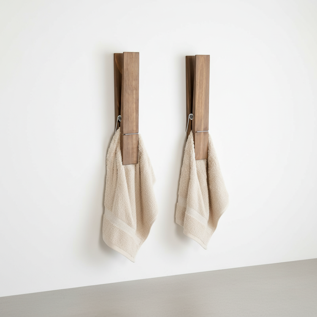 Close-up of WallClampia wall-mounted wooden towel clip, gripping a textile securely