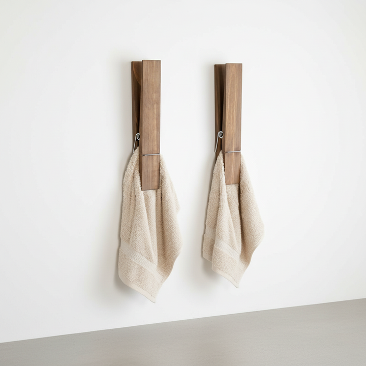 Close-up of WallClampia wall-mounted wooden towel clip, gripping a textile securely