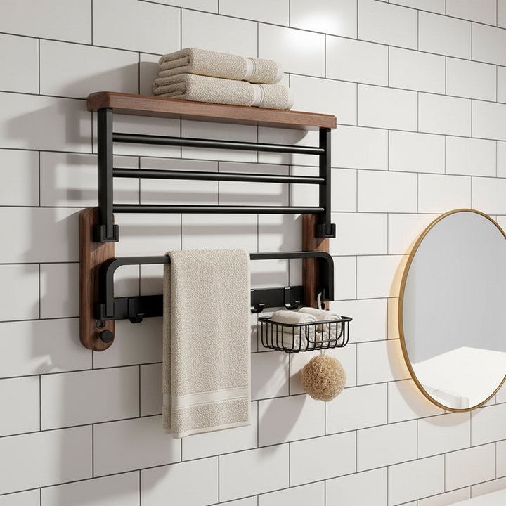 Walnut wall-mounted wooden towel rack, modern bathroom storage, space-saving design