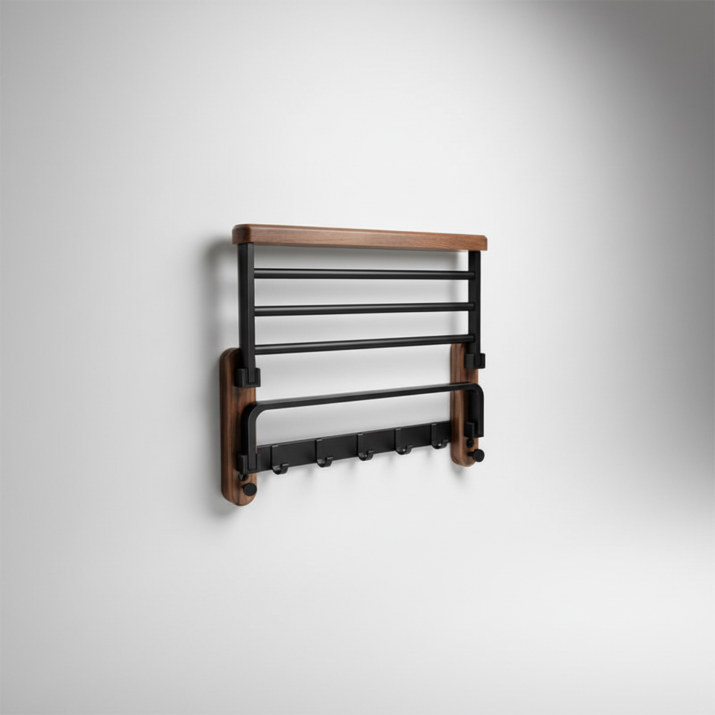 Close-up of Rackhaven wooden towel rack, wall-mounted for bathroom organization
