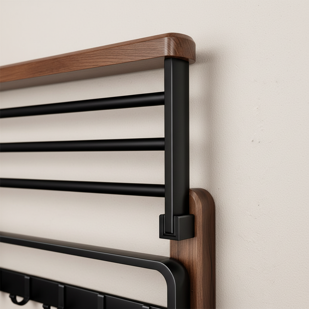 Modern walnut towel rack, wall-mounted in a minimalist bathroom setting