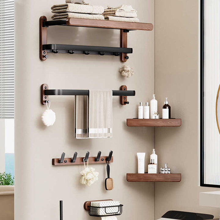 Rackhaven wall-mounted wooden towel rack showing multiple neatly folded towels