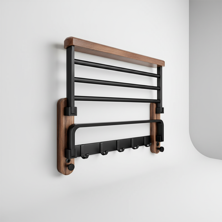 Elegant walnut bathroom towel rack, wall-mounted, a key element of modern decor