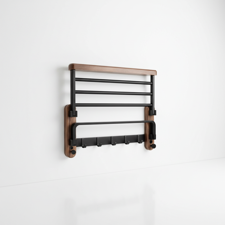 Wall-mounted wooden towel rack in walnut, perfect for organized bathroom storage