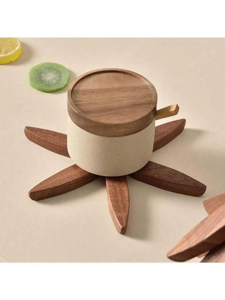 Set of 4 walnut wood coasters & trivets; heat resistant table mats for home dining.