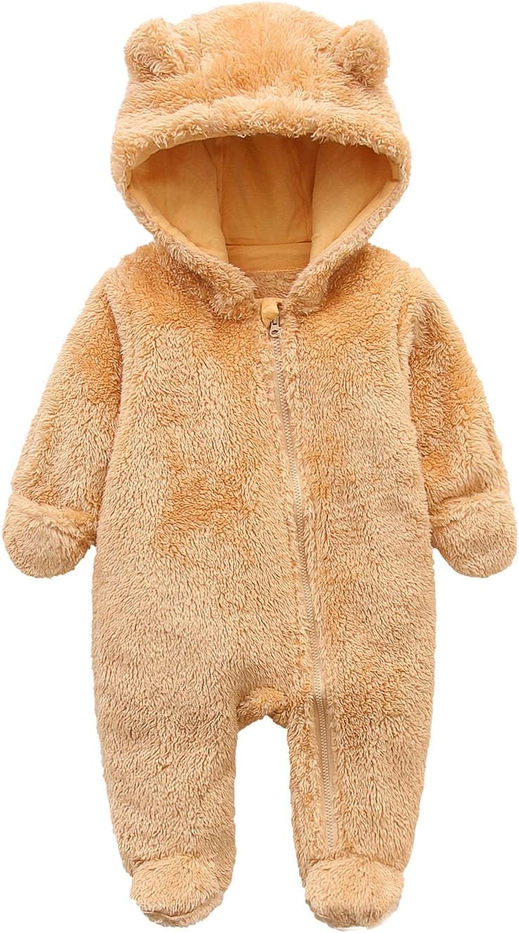 Warm baby hooded fleece romper in a neutral color, perfect for winter newborns