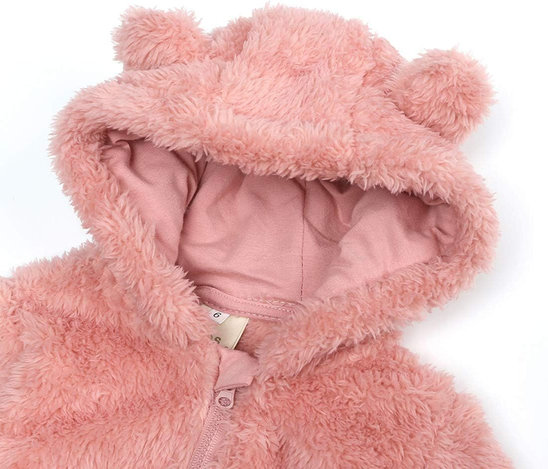 Warm baby romper with attached hood, soft fleece for delicate skin