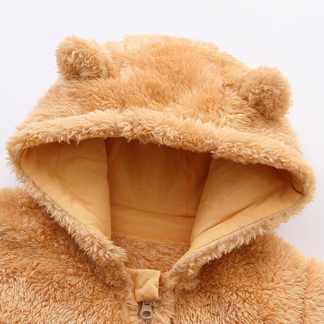 Cute hooded fleece jumpsuit for newborns, makes a great baby shower gift