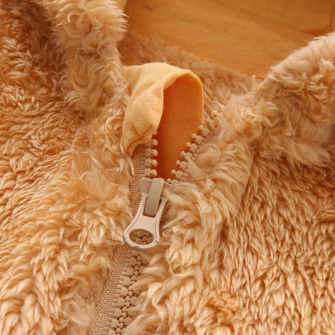 Warm baby romper with handy hood, made of premium fleece material
