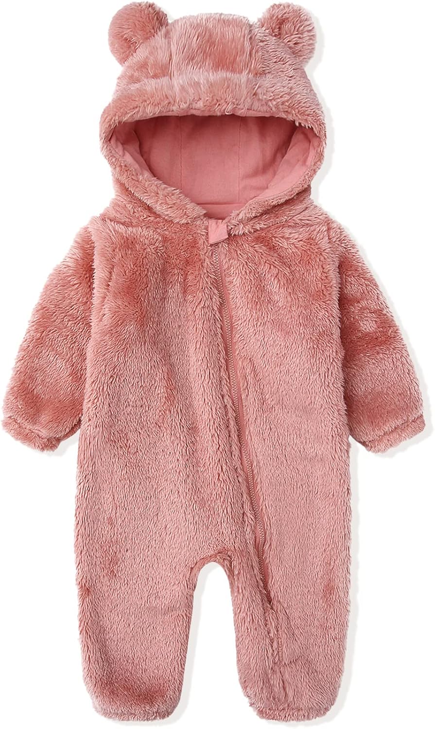 Infant hooded bodysuit in warm fleece fabric, essential for cold weather