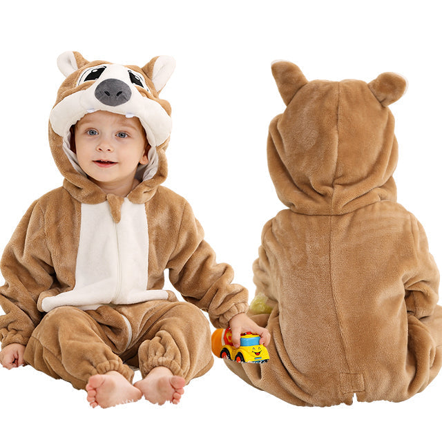 Detail of the hood and zipper on a baby fleece romper, winter infant jumpsuit