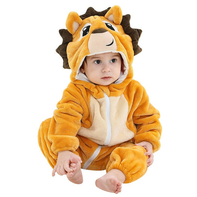 Front view of a baby hooded fleece romper, full-body infant jumpsuit for cold weather