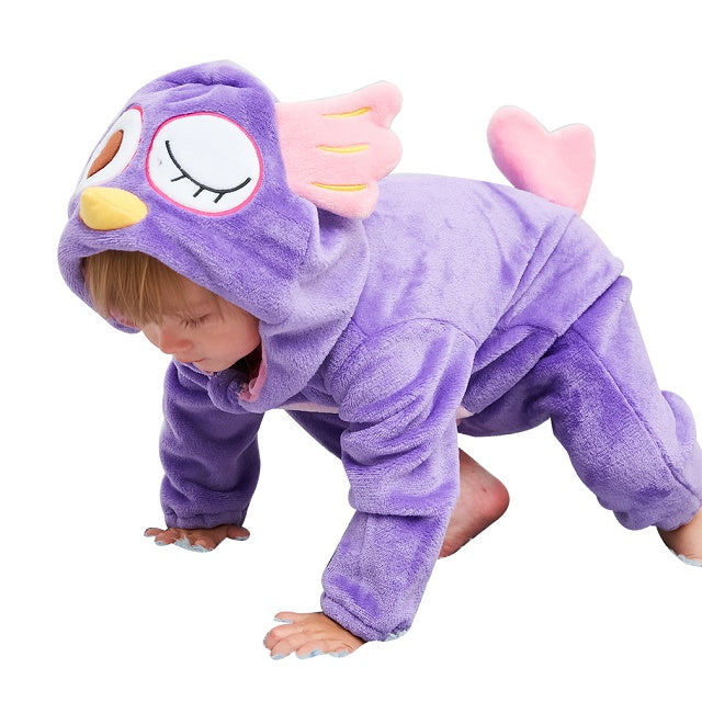 Baby in a white hooded fleece romper, playing on a blanket, warm infant jumpsuit