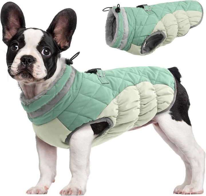 Black waterproof dog vest with built-in harness, ideal for winter pet outdoor wear