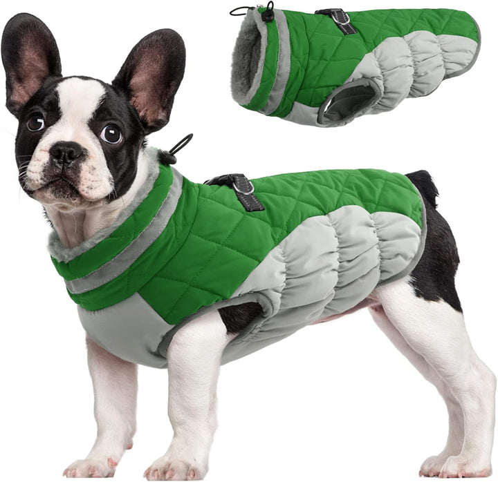 Dog winter jacket with integrated adjustable harness, warm and windproof for pets
