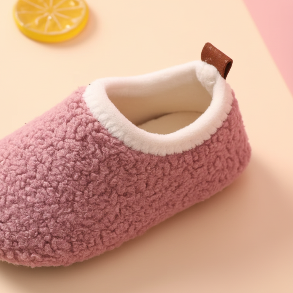 Soft teddy fleece-lined children's house shoes with non-slip sole for winter warmth
