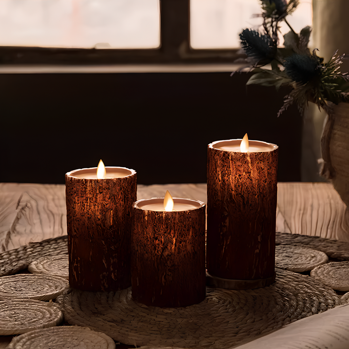 Set of flameless LED candles with flickering light, safe battery operated decorative lighting.