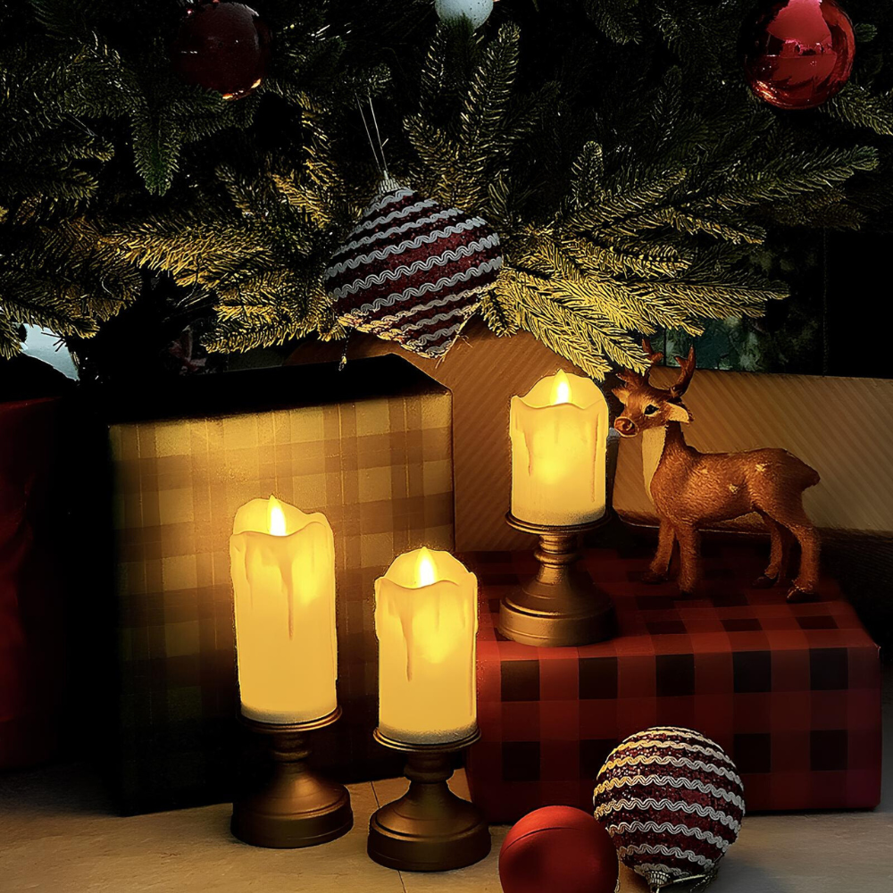 Close-up of a flameless LED candle, showcasing its warm glow and realistic flickering effect.