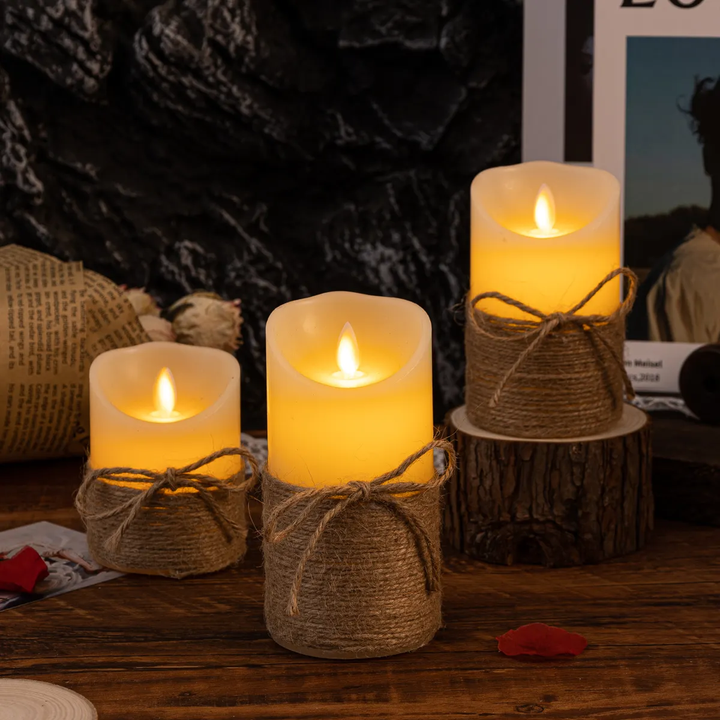 Decorative flameless LED candles arranged on a mantelpiece, enhancing home ambiance safely.