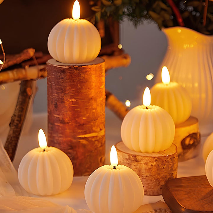 A cluster of flameless LED candles illuminating a living room, adding cozy ambiance.