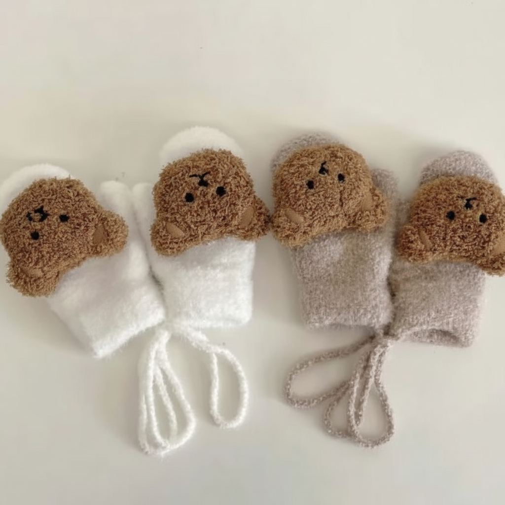 Cozy knitted baby gloves in blue with a practical strap to prevent loss.
