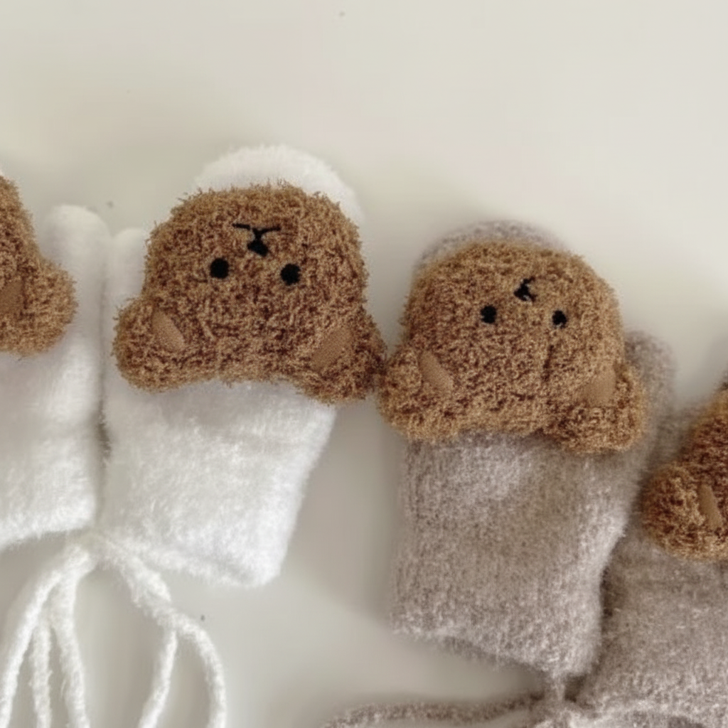 Soft pink knitted baby mittens with connecting cord, ideal for cold weather.