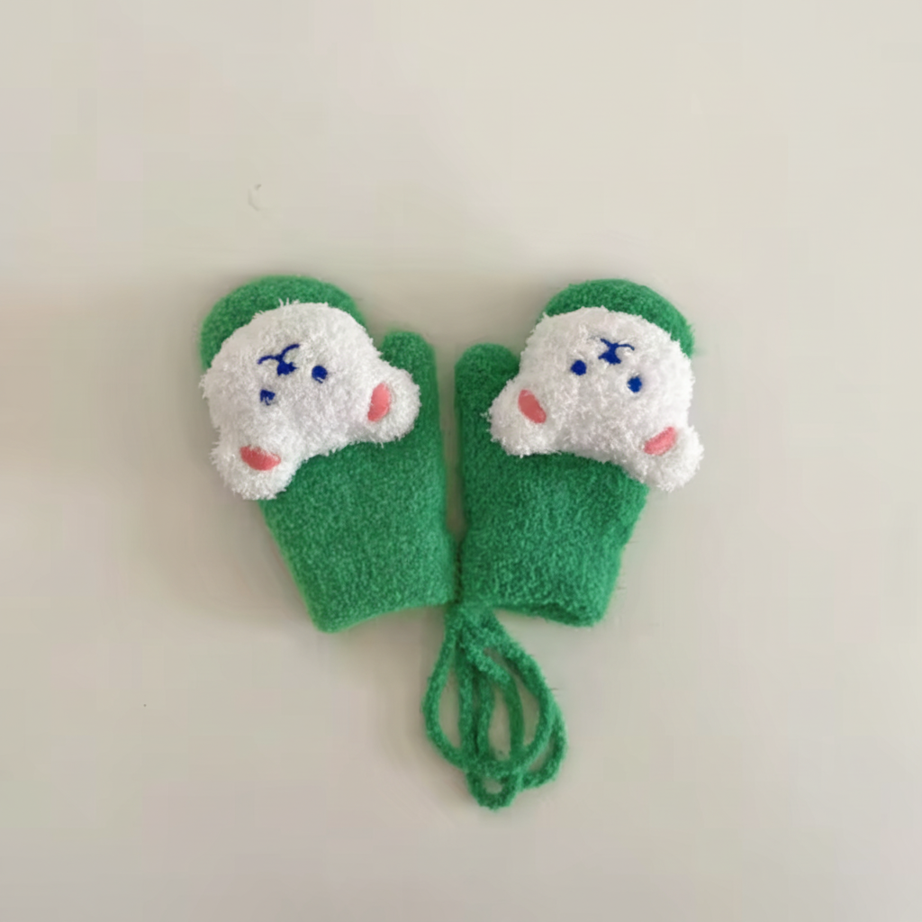 TinyPawz beige knitted baby mittens, unisex, with strap for secure wear.