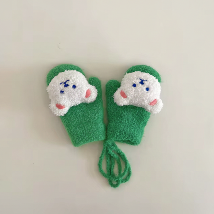 TinyPawz beige knitted baby mittens, unisex, with strap for secure wear.