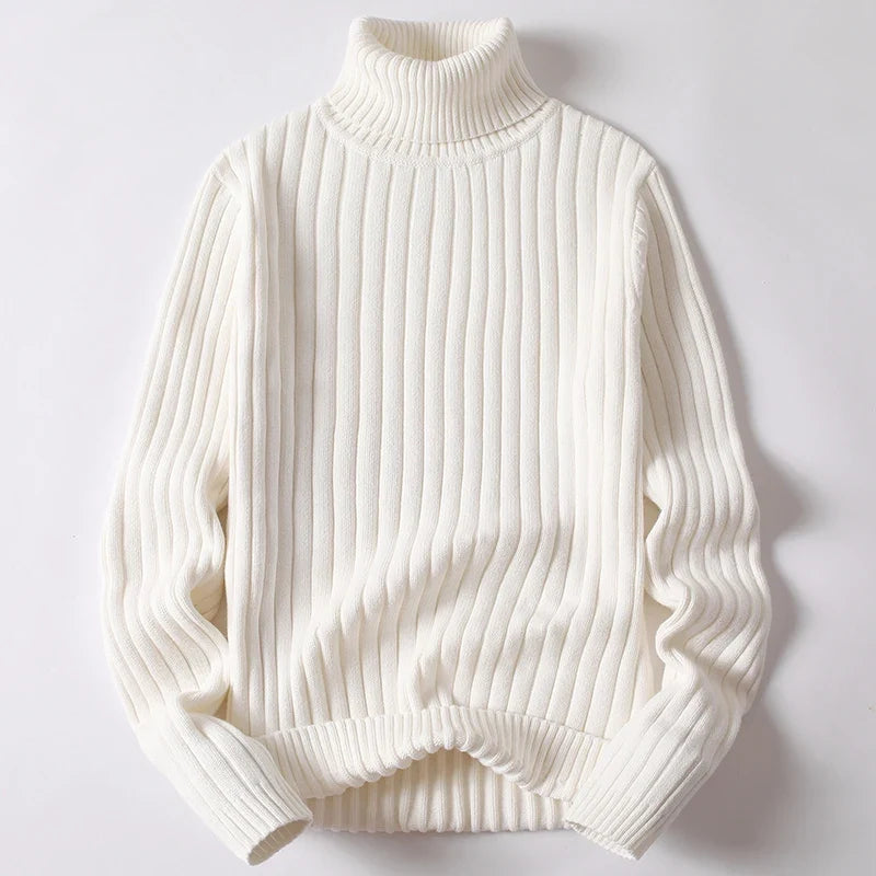 Refined men's ribbed turtleneck sweater, sculpted fit, long sleeve, comfortable for modern winter style.