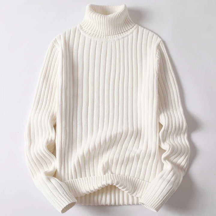 Refined men's ribbed turtleneck sweater, sculpted fit, long sleeve, comfortable for modern winter style.