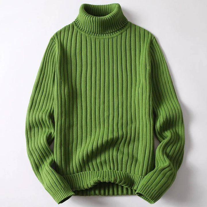 Cozy ribbed knit men's turtleneck sweater, long sleeve, warm & comfortable. Essential winter wear.