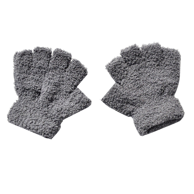 Children's plain grey winter gloves with thick plush fleece, essential warm clothes for cold weather.
