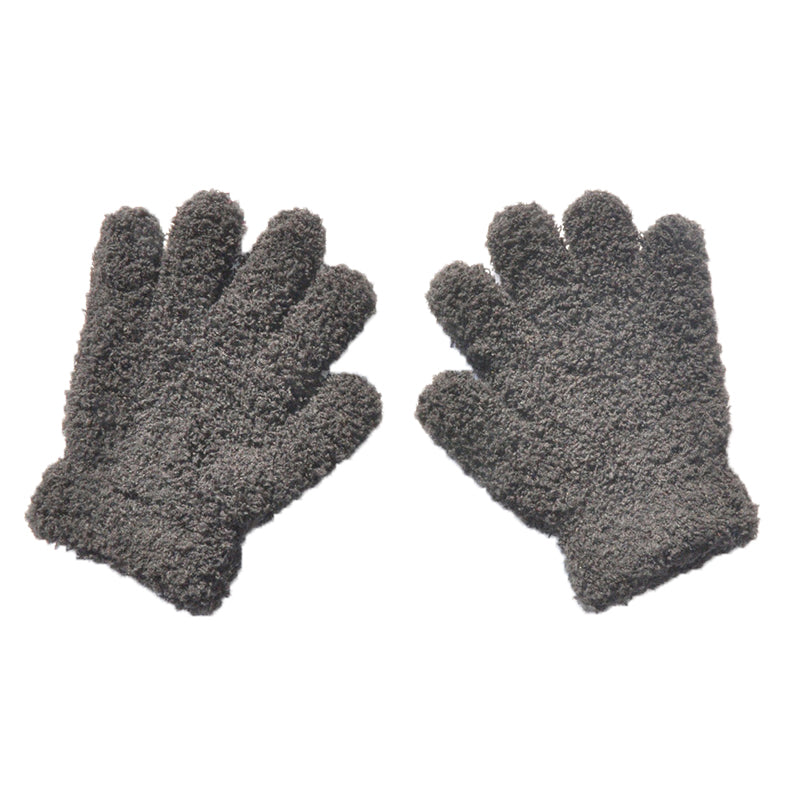 Close-up of children's grey fleece mittens, showcasing the soft plush lining and durable material.