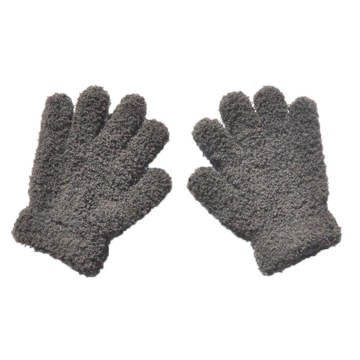 Close-up of children's grey fleece mittens, showcasing the soft plush lining and durable material.