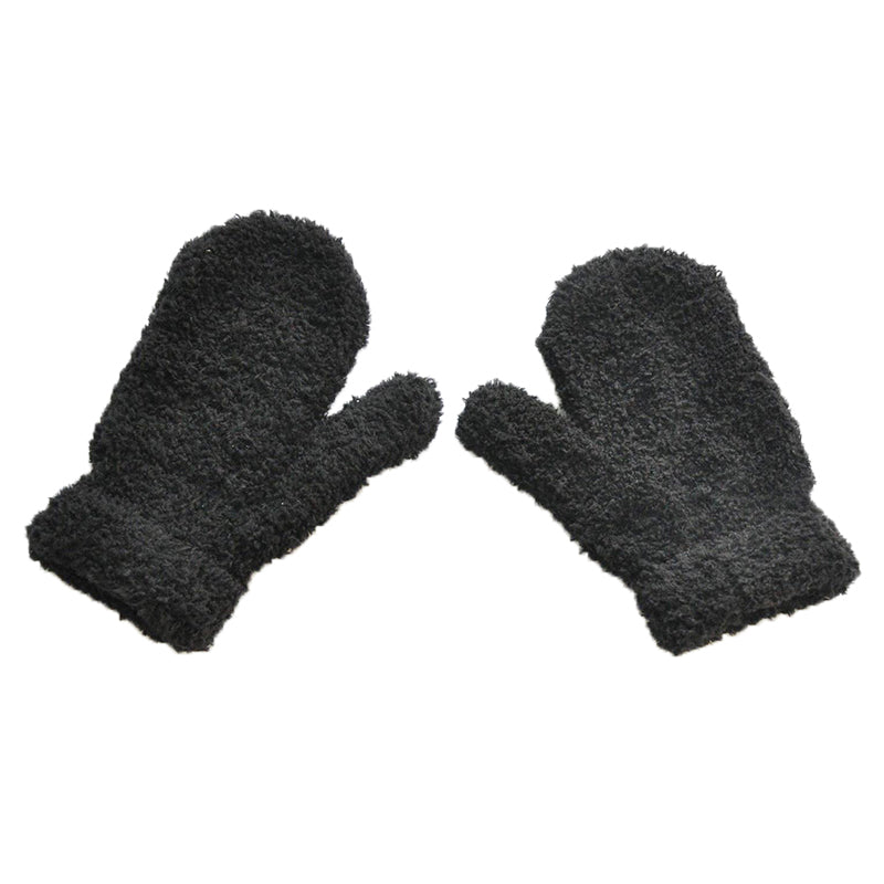 Pair of black children's winter mittens, made from thick plush fleece for maximum warmth and comfort.