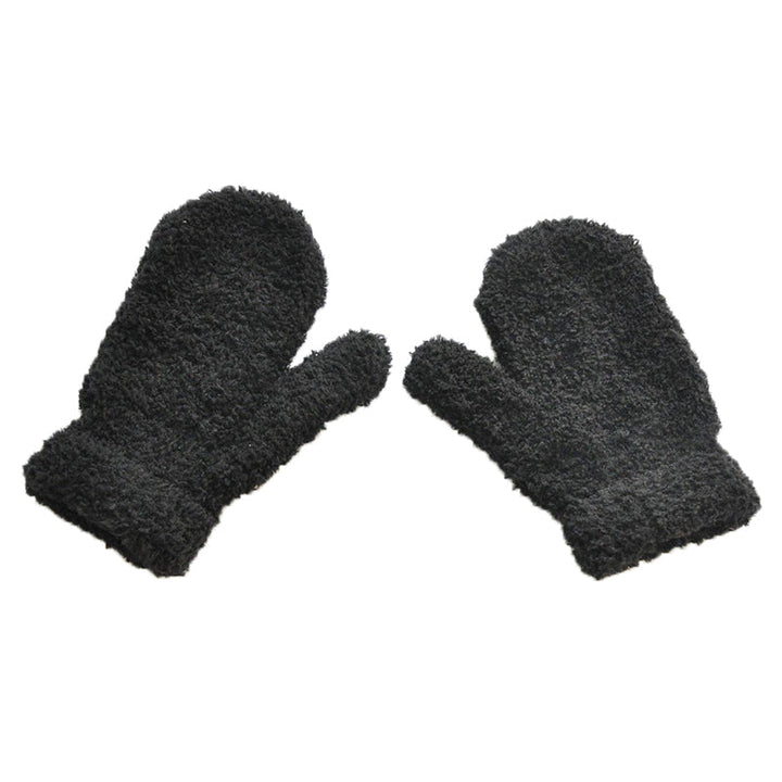 Pair of black children's winter mittens, made from thick plush fleece for maximum warmth and comfort.