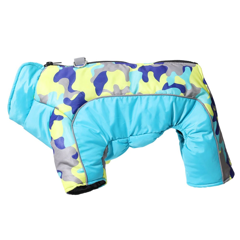 Reflective dog coat, warm and waterproof, designed for winter pet apparel and outdoor safety.