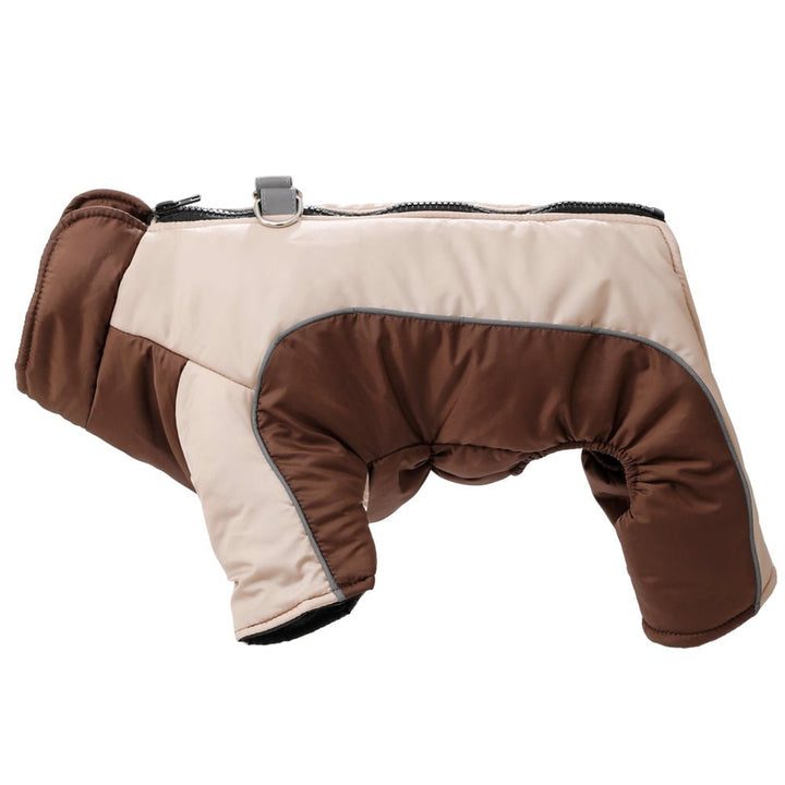 Warm dog winter jacket with reflective safety stripes, waterproof for all cold weather activities.