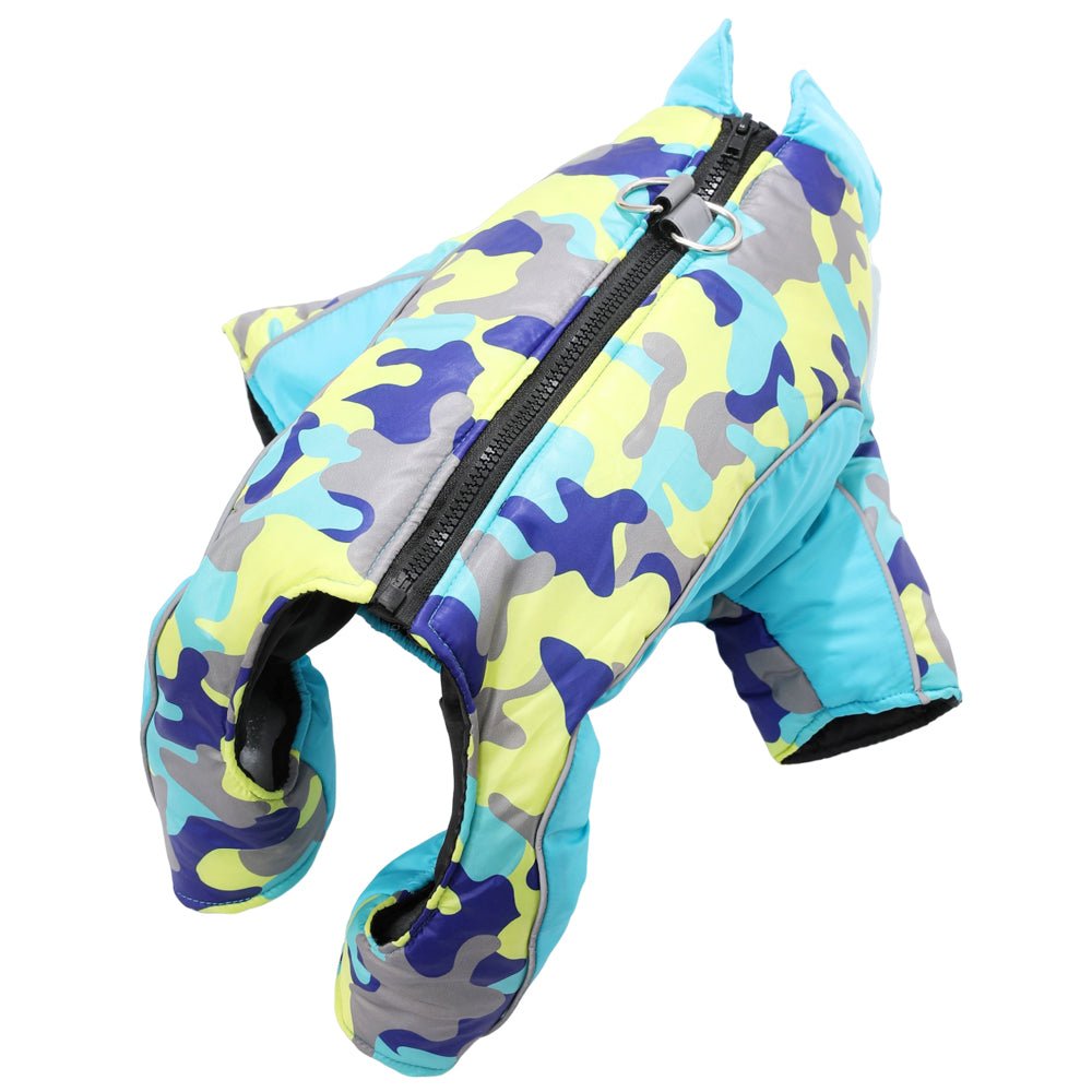 Durable waterproof dog jacket with reflective stripes, ideal warm pet coat for winter adventures.