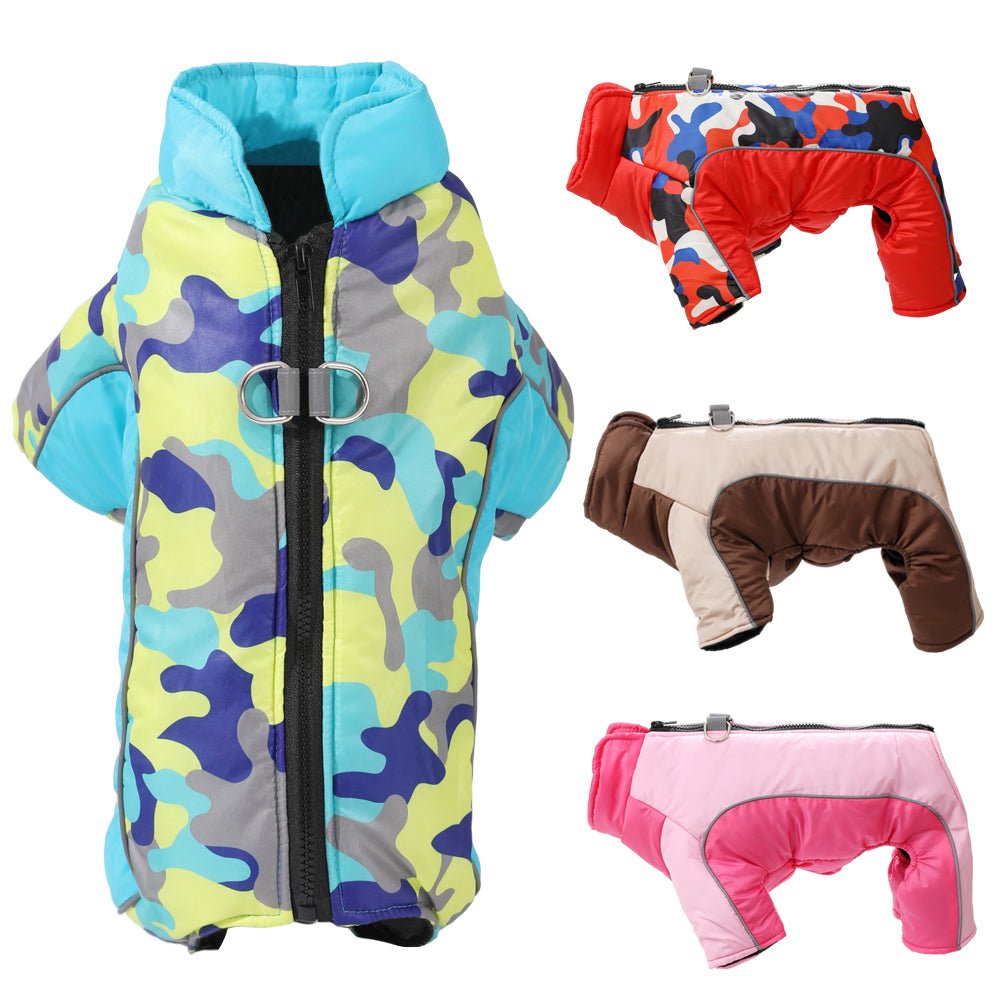 Reflective dog vest, an essential waterproof winter jacket for safe and warm cold weather walks.